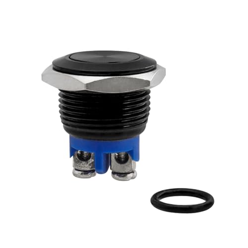 Bestgle Pulsador Momentaneo,Momentaneo 16mm Negro Impermeable IP65 3A 12V/24V/125V/250VAC De Metal Inoxidable Cromado, 2Pines N/O Cabeza Plana