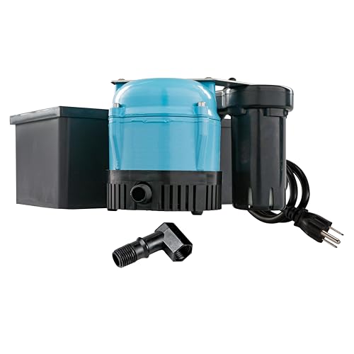 Image of Little Giant 1-ABS 115-volt, 1 /150 HP, 205 GPH Automatic Shallow Pan Condensate Removal Pump for Ceiling Mounted Air Conditioners or Dehumidifiers, with Condensate Collection Tank, Black /Blue, 550522