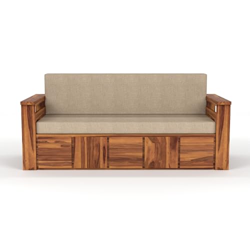 Image of Solid Sheesham Wood Sofa Cumss Bed with Storage | Rosewood 3 Seater Sofa Bed with Cushions | Convertible Sofa Bed for Living Room & Bedroom (Natural Finish)