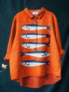 Women Boho Print Long Sleeve Button Linen Shirt Vintage Lapel Loose Top Ocean Beach Vacation Dressy Blouse Tunic - Image 2