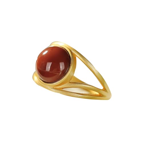 SGKOMN Jade Rouge Feng Shui Naturel pour Femmes, véritable Bague de Yoga à extrémité Ouverte, géométrique, Argent S925 plaqué Or