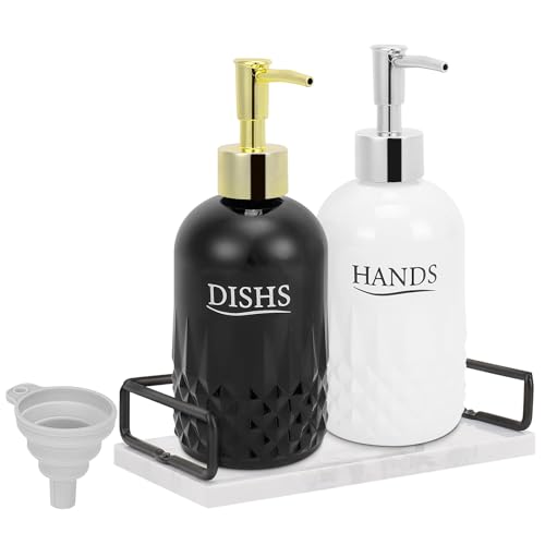 Image of Glass Soap Dispenser Set, Refillable Dish Soap Pump Dispenser, Kitchen Bathroom Counter Shampoo Conditioner Dispenser (with Marble Tray)