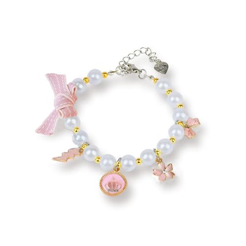Image of Qiansail Cat Pearl Collars Necklace, Dog Collar with Pendant Pet Cute Princess Bow Crown Fashion Accessories for Puppy Kitten (Pink, M)