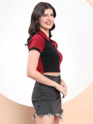 Image of Cotton Ribbed Polo Crop Top for Women - Dual Tone Summer Casual Tee