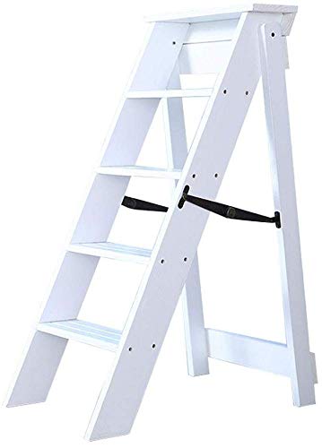Preisvergleich Produktbild Klappstufen Treppenleiter Trittleiter Aus Holz Klapphocker, 5-stufig, Multifunktions-Steigleiter-Regal, Für Küchen- / Büro- / Bibliotheksleiter,White