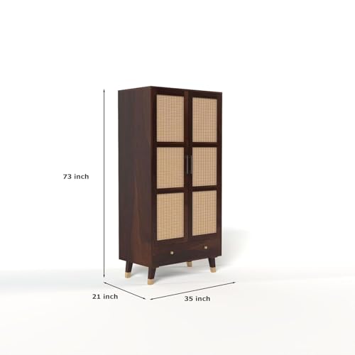 Image of Solid Sheesham Wood 2 Door Wardrobe with Rattan Cane Work & 3 Drawer | Rosewood Almirah for Bedroom Storage (Walnut Finish)