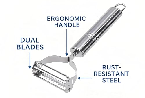 Image of Stainless Steel Julienne Vegetable Peeler Multi-Functional Fruit & Veggie Shredder Slicer and Grater for Potatoes, Carrots, Cucumbers (Silver, 18 x 8.2 x 2.4 cm)