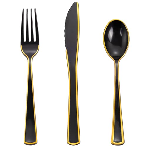 WDF 180 Pieces Black and Gold Plastic Silverware Halloween Black Plastic Flatware Set of 60 Forks, 60 Knives and 60 Spoons Heavy Duty Black Plastic Cutlery-Gold Utensils for Party/Halloween