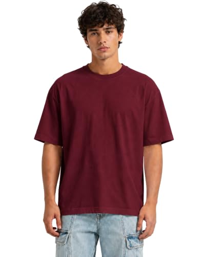 Image of VEL Plain Oversized 100% Pure Heavy Cotton Baggy Fit Drop Shoulder Half Sleeves Round Neck Solid Cotton T-Shirt for Men