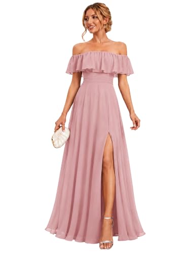 Image of Ever-Pretty Women's Summer Off The Shoulder Flowy Chiffon Formal Wedding Guest Dresses Maxi Side Split Beach Bridesmaid Dress