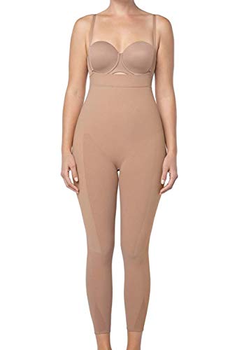 Leonisa Invisible Tummy Control Bodysuit Shapewear Leggings for Women with Leg Compression Shorts,Beige,S-M