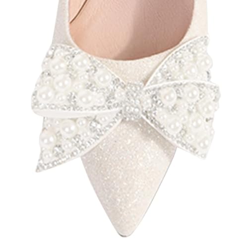 FSJ Women Fashion Pearls Rhinestone Bowknot Sexy Glitter High Heel Stilettos Slip On Dressy Pointed Toe Sparkly Pump Party Wedding Prom Evening Shoes Size 4-15 US3