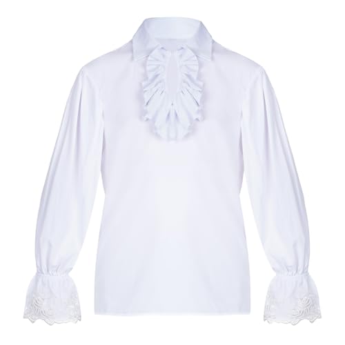 Mens Pirate Shirt Renaissance Costume Ruffle Victorian Vampire Poet Gothic Medieval Shirts Halloween Tops (White L)