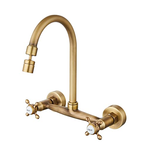 Airuida Antique Brass Wall Mount Kitchen Sink Faucet 8 Inch Center Wall Mount Faucets Connector Set Stainless Steel Commercial Kitchen #TOP1
