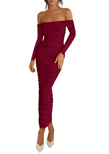 PRETTYGARDEN Womens 2026 Fall Long Sleeve Maxi Dress Off Shoulder Mesh Ruched Bodycon Trendy Long Wedding Guest Dresses (Wine Red,Small)