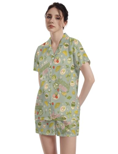 Image of Funny Pajamas for Women Set Print Satin Loungewear Pjs Short Sleeve Button Down Top and Shorts Sets Sleepwear XS-3XL