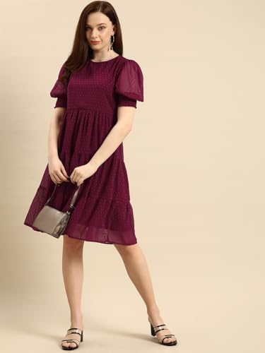 Image of Amazon Brand - INKAST Women A-Line Midi Dress | Puff Sleeves | Perfect for Casual and Semi-Formal Occasions