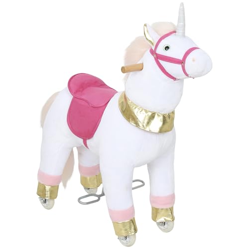 AIYAPLAY Ride On Horse Plush Kids Rocking Horse with Wheels Ages 3-5 White