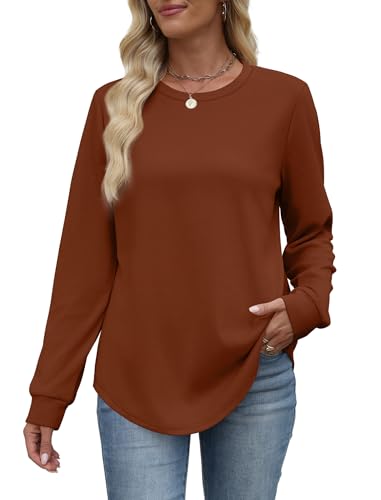 Image of WIHOLL Sweatshirt for Women Crewneck Long Sleeve Shirts Curved Hem Lightweight Sweaters Fall Clothes 2025