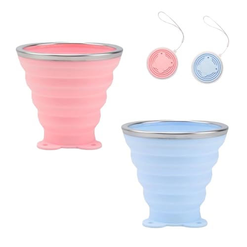 LNSYSNS Verre Pliable de Voyage, 2 Pièces Gobelet Retractable, 250 ml Tasses Pliable en Silicone avec Couvercle, Rose et Bleu Gobelet Reutilisable, avec...