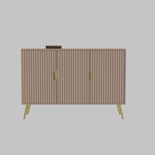 Image of Wooden Sideboard Cabinet for Living Room | Side Board with 3 Doors Cabinet Storage for Dining, Drawing and Home Office | HDMR Premium Wood & Iron, Taupe & Golden