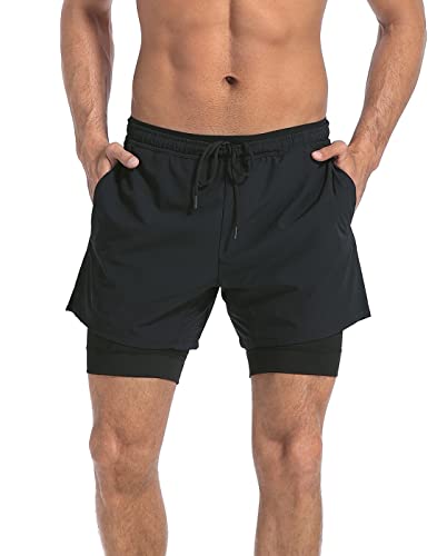 LRD Men’s 2 in 1 Athletic Gym Workout Shorts with Compression Liner 5 Inch Inseam