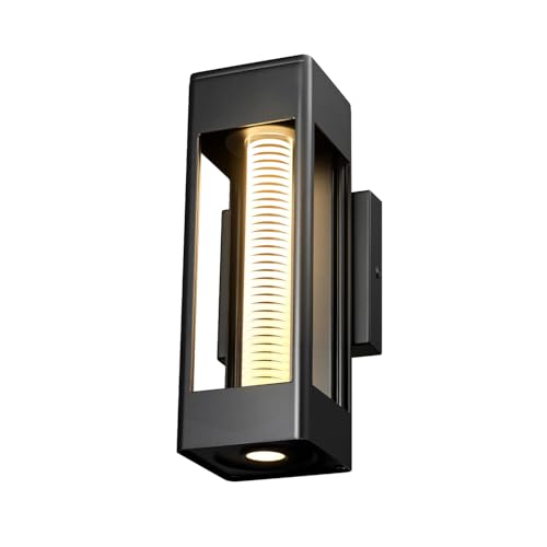 Image of Globe Electric 11W LED Integrated Outdoor Wall Sconce, Matte Black, Horizontal Etched Glass, Downlight, Dimmable, 2700K, 600 Lumens, 90 CRI, Front Patio, Exterior Lighting for House