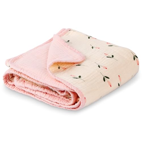 Muslin Baby Blanket Crib Blanket, Double-Sided for Girls, 40x40 Inch - Pink & Floral Print Quilt Blankets, Soft Breathable Toddler Blanket for Infants...