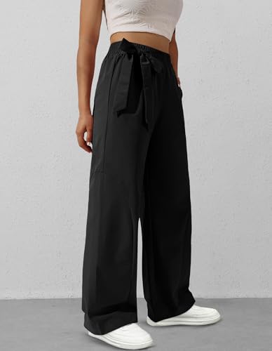 Women's Wide Leg Pants Y2K Trendy Elastic Waist Track Pants Baggy Tie Knot Trousers with Zipper Pockets Streetwear Casual4