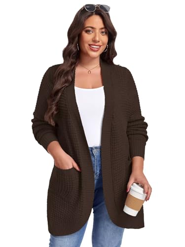 Image of LARACE Long Cardigans for Women Plus Size Tops Open Front Sweaters with Pockets Waffle Ribbed Sleeve Loose Fall Outwear