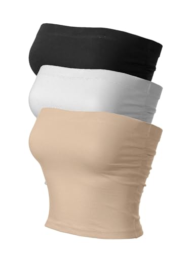 Image of MixMatchy Women's 3 Pack Tube Top Built-in Bra Strapless Ruched Bandeau
