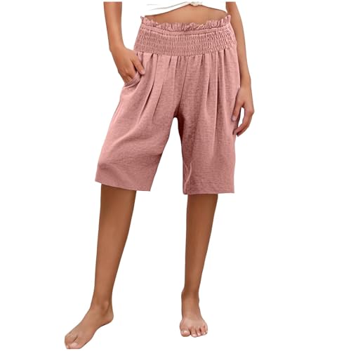 Summer Shorts for Women Ruffle Pleated Elastic Waist Half Pants with Pockets 2025 Trendy Beach Vacation Outfits(Pink,Small)