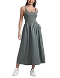 CRZ YOGA Square Neck Maxi Dress for Women - Flowy Sleeveless Padded Travel Casual Outfits with Side Pockets Grey Sage Medium