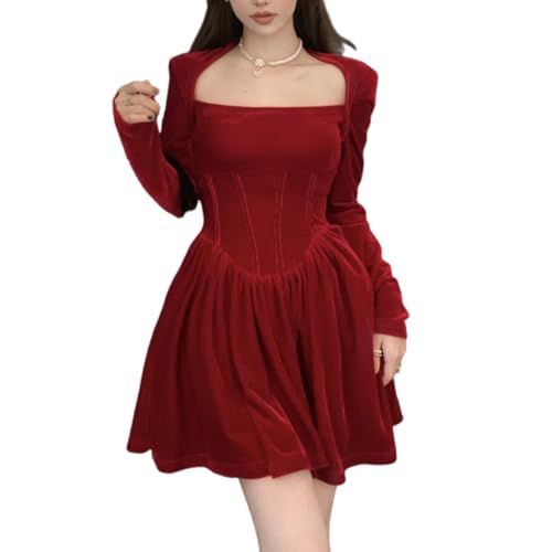 Robe en velours pour femme à col carré et coupe trapèze plissée élégante