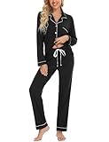 Leikar Womens Button Down Pajama Sets Long Sleeve Shirt And Pajama Pants Soft Pjs Lounge Sets S Black