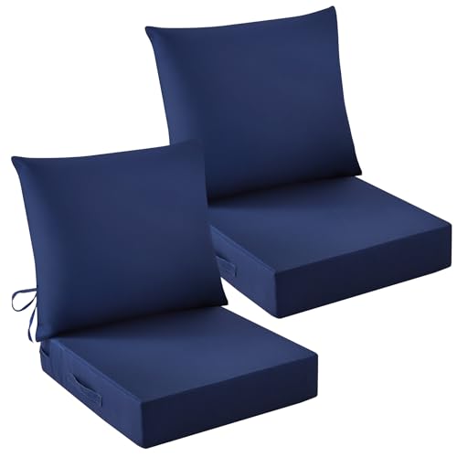 Image of Outdoor Chair Cushions, 24 x 24 Inch Outdoor Cushion for Patio Furniture, Patio Chair Cushion, Waterproof & Fade Resistant Deep Patio Furniture Cushions Set with Handle and Ties, Navy Blue (Set of 2)