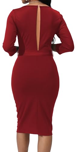 Women's Dress Work Business Bodycon Dress 3/4 Lantern Sleeves Round Neck Pencil Dresses3
