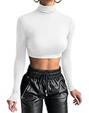 GEMBERA Women's Long Sleeve Turtleneck White Crop Tops Fitted Basic T Shirt Top