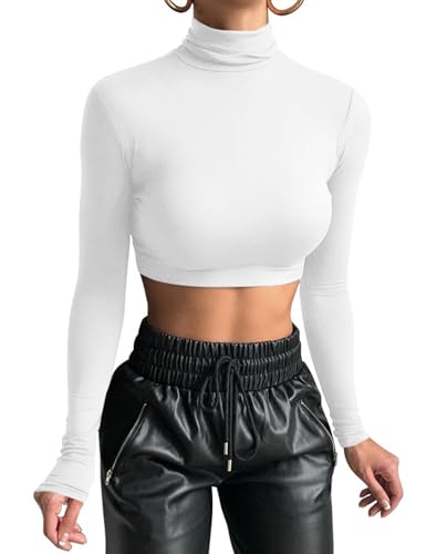 GEMBERA Women's Long Sleeve Turtleneck White Crop Tops Fitted Basic T Shirt Top