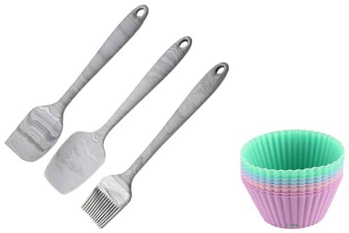 Image of Clazkit Premium Silicone Non-Stick Spatula and Brush with Scraper with Core, 3-Pieces, Marble Color, Length 21cm & Clazkit Silicone Muffin Cup Moulds - 8 Pieces, Assorted, Silicone