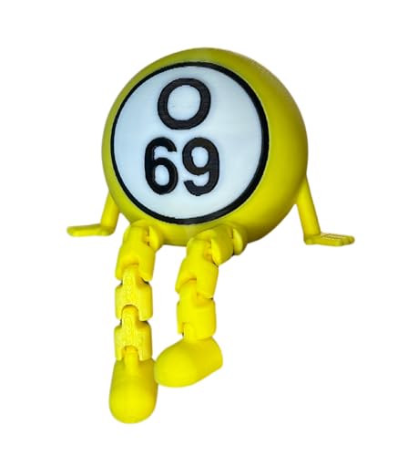O69 Bingo Ball Figurine Yellow 3D Printed Collectible Desk Decor with Articulated Legs Novelty Gift for Bingo Enthusiasts