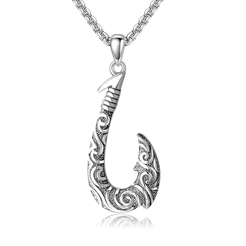 URONE Fish Hook Necklace Sterling Silver Hawaii Fishing Hook Pendant Necklace Jewelry Gifts for Men