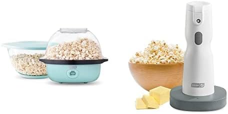 DASH SmartStore™ Deluxe Stirring Popcorn Maker with Large Lid for Serving Bowl and Storage, 24 Cups – Aqua + Dash Electric Butter Sprayer, Cordless Butter Sprayer for Popcorn, Toast and More - White
