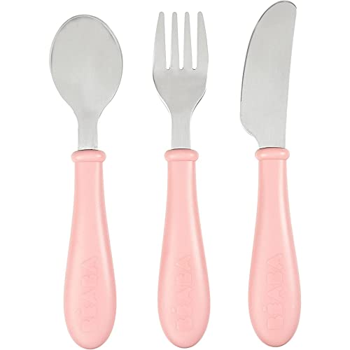 BÉABA, Set de 3 Couverts Enfant d'Apprentissage - Inox - 2ème Âge, Dès 12 mois - Prise en main facile pour Bébé, Old Pink