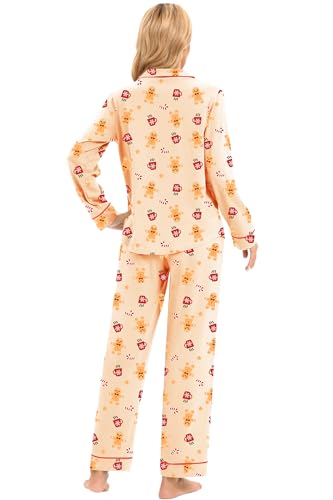 Image of LUBOT Christmas Pajamas for Women 100% Cotton Pajama 2 Piece PJ Set Soft Long Sleeve Button Xmas Print Loungewear XS-XXL