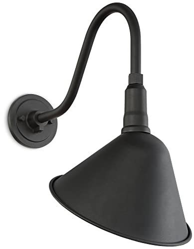 Image of Franklin Iron Works Neihart Industrial Barn Wall Light Sconce Black Hardwired 10 1 /2 inch Fixture Curving Gooseneck Metal Arm for Bedroom Bathroom Vanity Reading Living Room Hallway House Home Decor