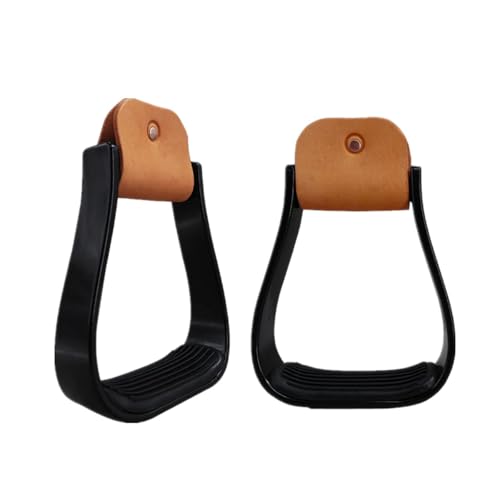 2 Pcs Aluminum Western Horse Riding Stirrups Lightweight Overshoe Safety Design with Anti-Slip Rubber Foot Mat Cushioned for Ankle Stress Relief Fatigue Reduction for Equestrian Saddles (Black)