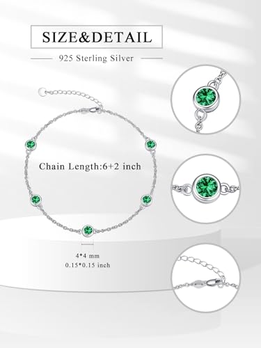 Image of Dorunmo Heart Birthstone Bracelets 925 Sterling Silver Round Birthstone Anklet for Women Birthday Jewelry Gifts for Girlfriend Wife Mother Her