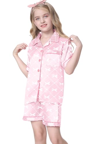 Image of Umeyda Women & Girls Pajamas Set, Soft Satin Lightweight Silk Button-Down Top with Shorts 2 Piece PJS for Mom Boys Kids Gifts