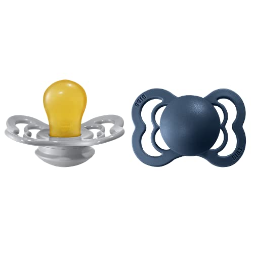 Image of BIBS Supreme Baby Pacifier 2-Pack | Made in Denmark | BPA Free Dummy Soother, Symmetrical Nipple. Natural Rubber Latex, Size 1 (0-6 Months), Cloud / Steel Blue